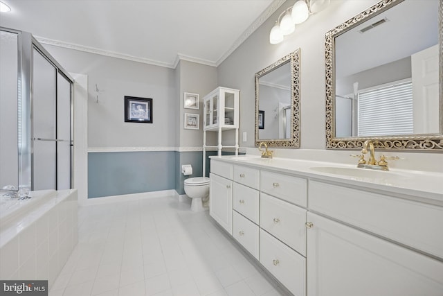 11 Weaver Dr, Evesham, NJ 08053 - full bath featuring a shower stall, crown molding, toilet, double vanity, and tile patterned floors