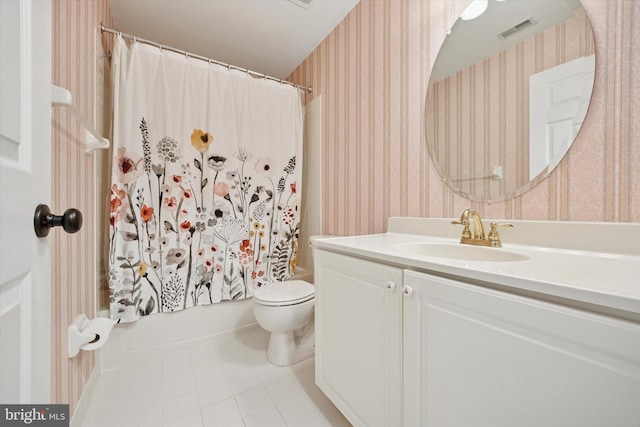11 Weaver Dr, Evesham, NJ 08053 - bathroom with wallpapered walls, toilet, vanity, shower / tub combo with curtain, and tile patterned floors