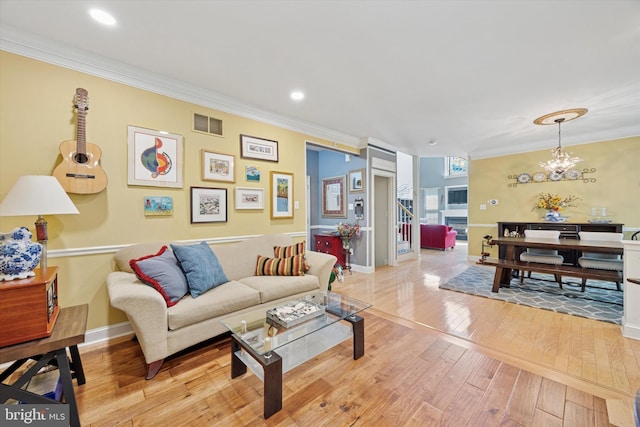 11 Weaver Dr, Evesham, NJ 08053 - living area featuring ornamental molding, light wood-type flooring, a chandelier, recessed lighting, and baseboards