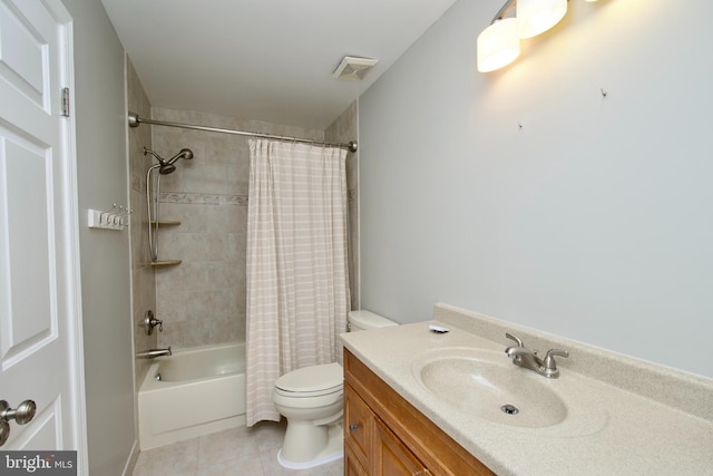 10505 Manor View Pl, Manassas, VA 20110 - bathroom featuring visible vents, shower / tub combo with curtain, vanity, toilet, and tile patterned floors