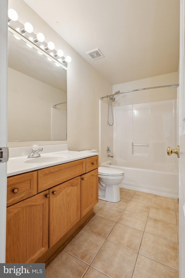 full bath with visible vents, tile patterned flooring, vanity, shower / bathtub combination, and toilet