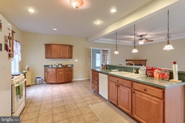 2038 E Harrisburg Pike, Middletown, PA 17057 - kitchen featuring recessed lighting, white appliances, ceiling fan, a sink, and a fireplace