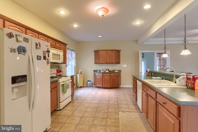 2038 E Harrisburg Pike, Middletown, PA 17057 - kitchen with hanging light fixtures, light tile patterned floors, a sink, white appliances, and recessed lighting