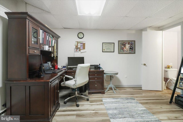 office with light wood-style floors and a drop ceiling