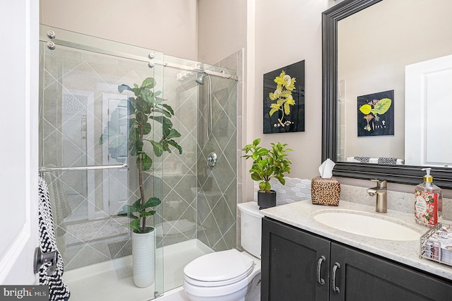 full bathroom featuring vanity, toilet, and a stall shower