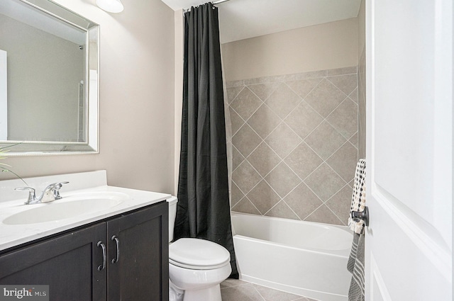 bathroom featuring toilet, shower / bathtub combination with curtain, tile patterned flooring, and vanity