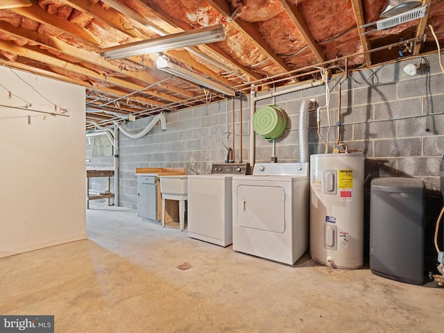 13970 Back Rd, Strasburg, VA 22657 - unfinished basement with washer and dryer, water heater, a water softener system, and a sink
