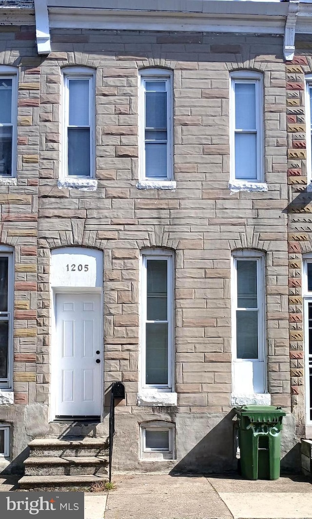 view of front facade featuring stone siding and entry steps
