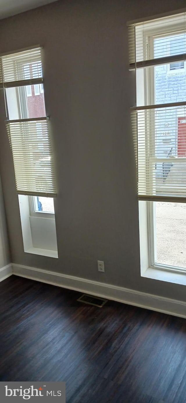 spare room with baseboards, dark wood finished floors, and a healthy amount of sunlight