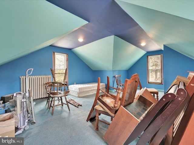 interior space featuring radiator and vaulted ceiling