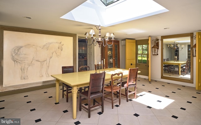 4273 Durham Rd, Kintnersville, PA 18930 - dining room with baseboards, a skylight, an inviting chandelier, and light tile patterned floors