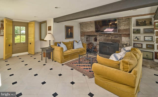 4273 Durham Rd, Kintnersville, PA 18930 - tiled living room featuring baseboards and a stone fireplace
