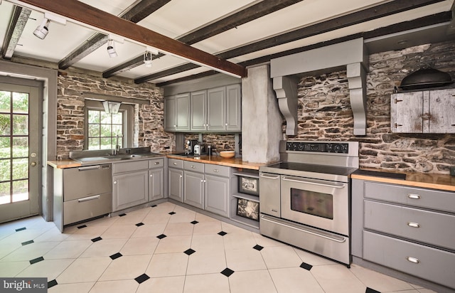 4273 Durham Rd, Kintnersville, PA 18930 - kitchen featuring beam ceiling, gray cabinetry, a sink, stainless steel appliances, and light tile patterned flooring
