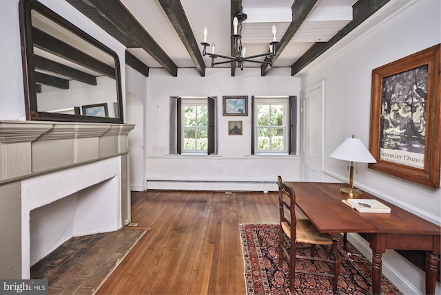 4273 Durham Rd, Kintnersville, PA 18930 - interior space with a baseboard radiator, beamed ceiling, dark wood-type flooring, and a chandelier