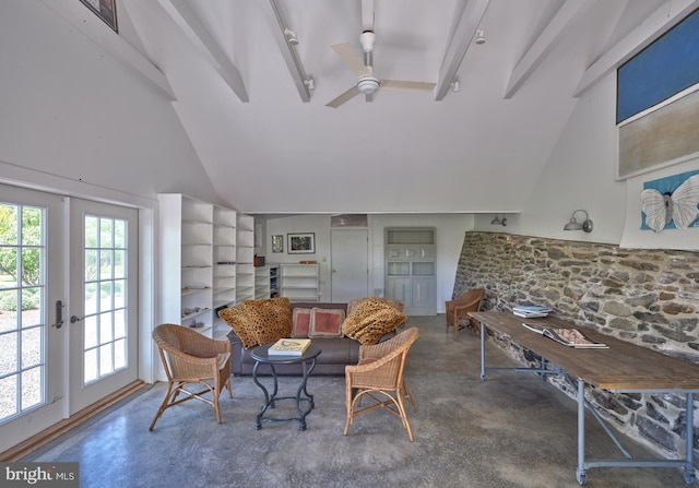 4273 Durham Rd, Kintnersville, PA 18930 - interior space with ceiling fan, french doors, finished concrete flooring, high vaulted ceiling, and beamed ceiling