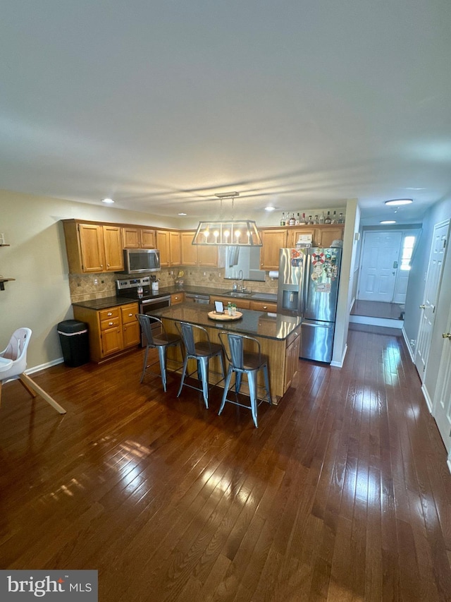 kitchen featuring backsplash, a kitchen island, dark countertops, appliances with stainless steel finishes, and a sink