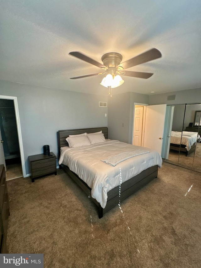 bedroom with carpet floors, a ceiling fan, visible vents, and a closet