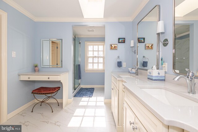 full bath featuring a sink, crown molding, and marble finish floor