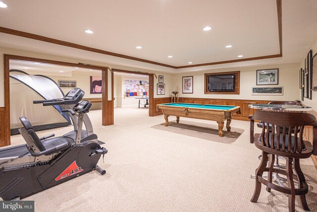 game room featuring billiards, wainscoting, ornamental molding, carpet, and recessed lighting