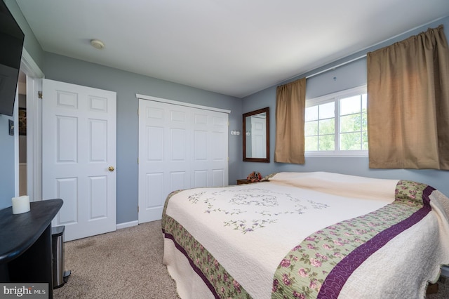 bedroom with carpet floors, baseboards, and a closet