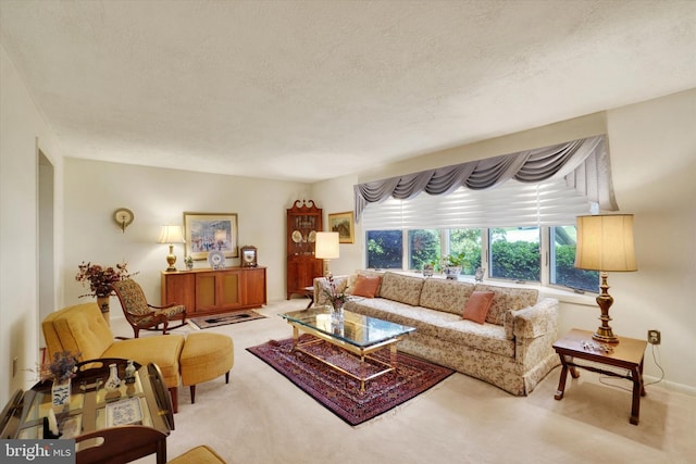 carpeted living room featuring a textured ceiling
