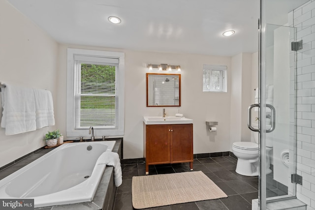 full bathroom with vanity, a shower stall, plenty of natural light, a bath, and recessed lighting