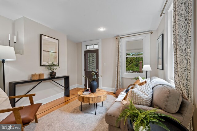 living room featuring wood finished floors, baseboards, and recessed lighting