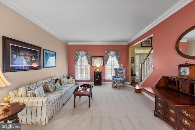 36 Crimson King Dr, Bear, DE 19701 - living room with crown molding, carpet flooring, baseboards, and stairway