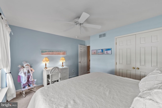 36 Crimson King Dr, Bear, DE 19701 - bedroom featuring ceiling fan, visible vents, baseboards, a closet, and carpet