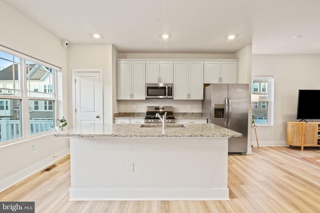 kitchen with a sink, white cabinetry, a kitchen island with sink, and stainless steel appliances