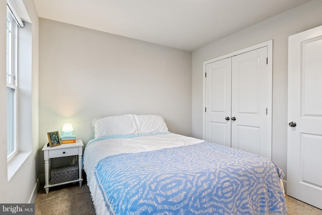 bedroom with a closet, carpet, baseboards, and multiple windows