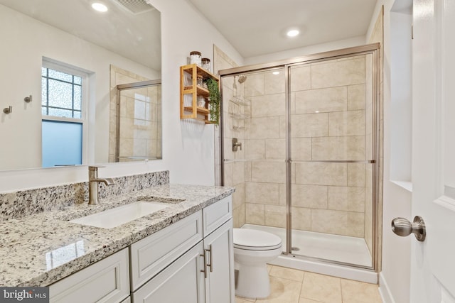full bath with visible vents, tile patterned floors, toilet, and a shower stall