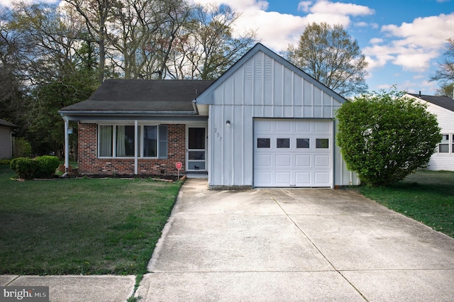 single story home with board and batten siding, driveway, a garage, brick siding, and a front lawn