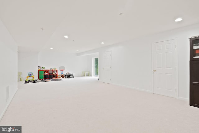 game room with carpet floors and recessed lighting