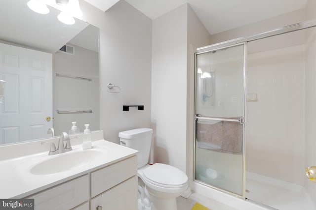 full bath featuring vanity, a shower stall, toilet, and visible vents
