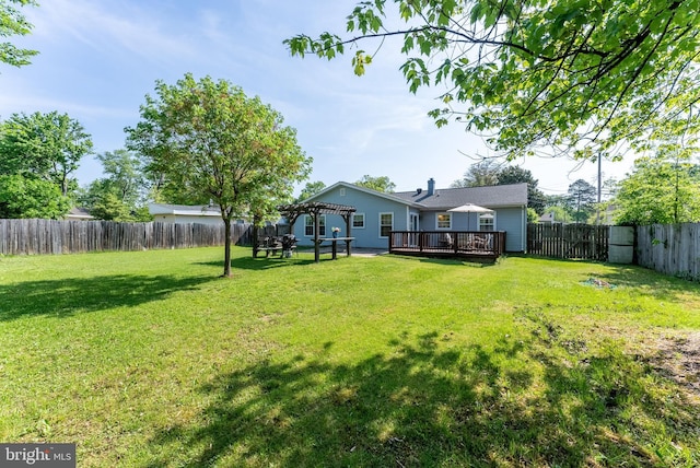 view of yard with a fenced backyard, a pergola, and a deck
