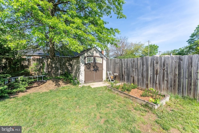 view of shed with a fenced backyard and a vegetable garden