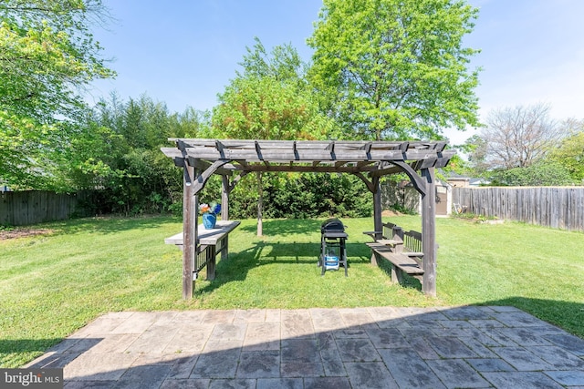 view of yard with a patio, a fenced backyard, and a pergola