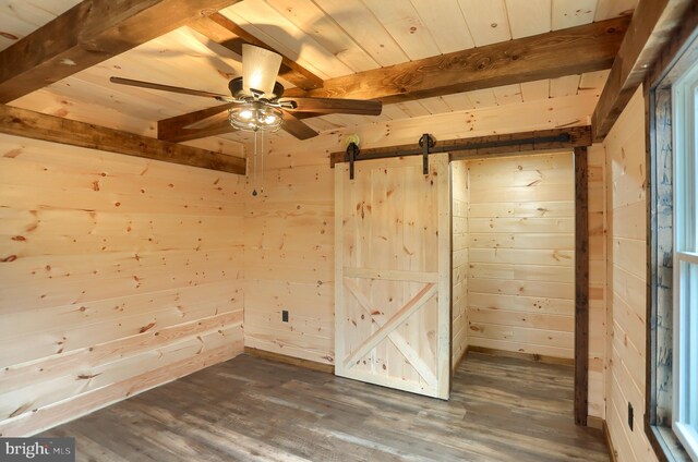 5560 Hideaway Ln, Todd, PA 16685 - empty room featuring wooden walls, dark wood-style floors, and beam ceiling