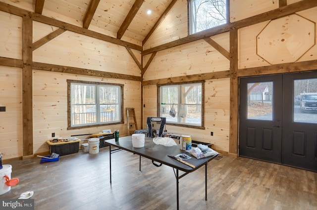 5560 Hideaway Ln, Todd, PA 16685 - office area featuring wood walls, beamed ceiling, high vaulted ceiling, and wood finished floors