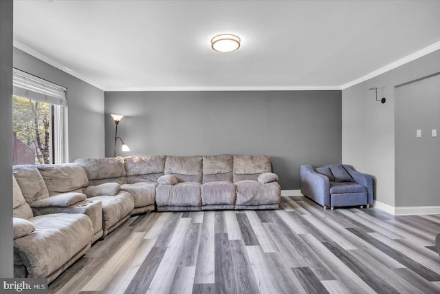 living area featuring crown molding, baseboards, and wood finished floors