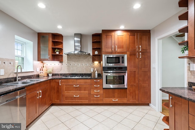 2192 Golf Course Dr, Reston, VA 20191 - kitchen with open shelves, stainless steel appliances, wall chimney range hood, a sink, and tasteful backsplash