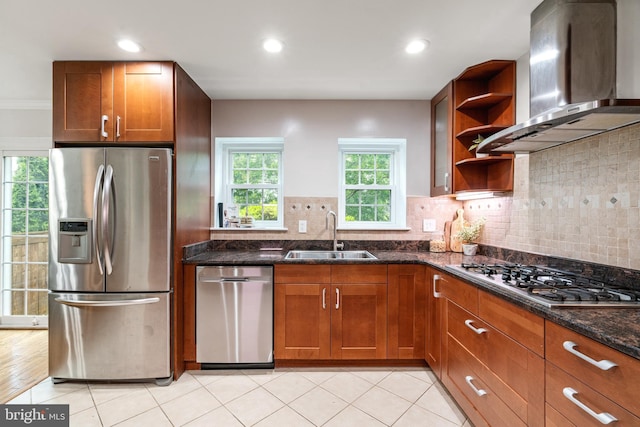 2192 Golf Course Dr, Reston, VA 20191 - kitchen with stainless steel appliances, wall chimney range hood, a sink, open shelves, and dark stone counters