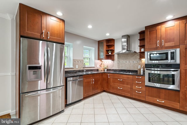 2192 Golf Course Dr, Reston, VA 20191 - kitchen with appliances with stainless steel finishes, open shelves, wall chimney range hood, a sink, and tasteful backsplash