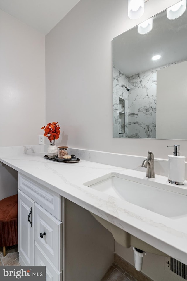 2192 Golf Course Dr, Reston, VA 20191 - full bathroom featuring tile patterned floors, a marble finish shower, and vanity