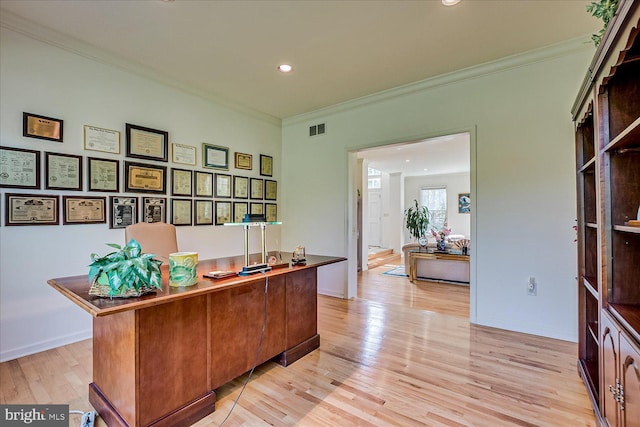30 Revere Ct, Princeton Junction, NJ 08550 - home office featuring light wood finished floors, crown molding, recessed lighting, and baseboards