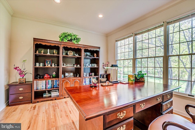 30 Revere Ct, Princeton Junction, NJ 08550 - home office featuring light wood-style flooring, ornamental molding, recessed lighting, and baseboards