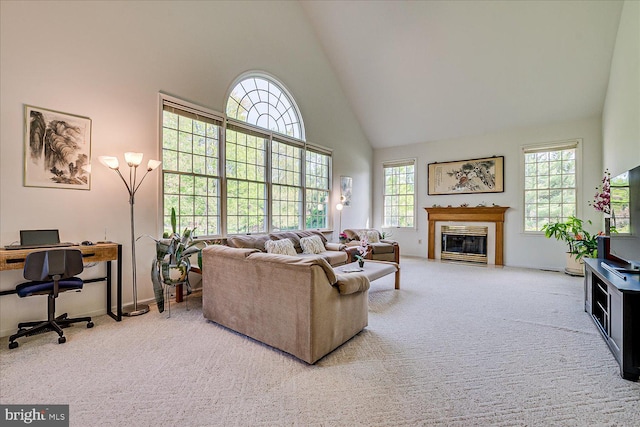 30 Revere Ct, Princeton Junction, NJ 08550 - carpeted living room featuring high vaulted ceiling, an office area, a glass covered fireplace, and baseboards