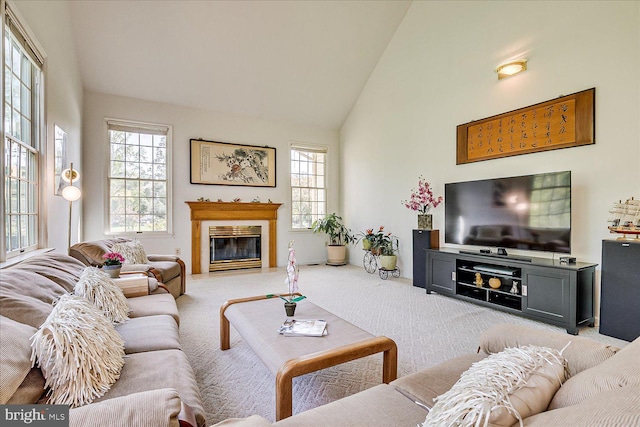 30 Revere Ct, Princeton Junction, NJ 08550 - carpeted living room featuring high vaulted ceiling and a fireplace with flush hearth