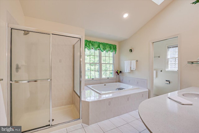 30 Revere Ct, Princeton Junction, NJ 08550 - full bathroom featuring lofted ceiling, a stall shower, a bath, tile patterned flooring, and recessed lighting
